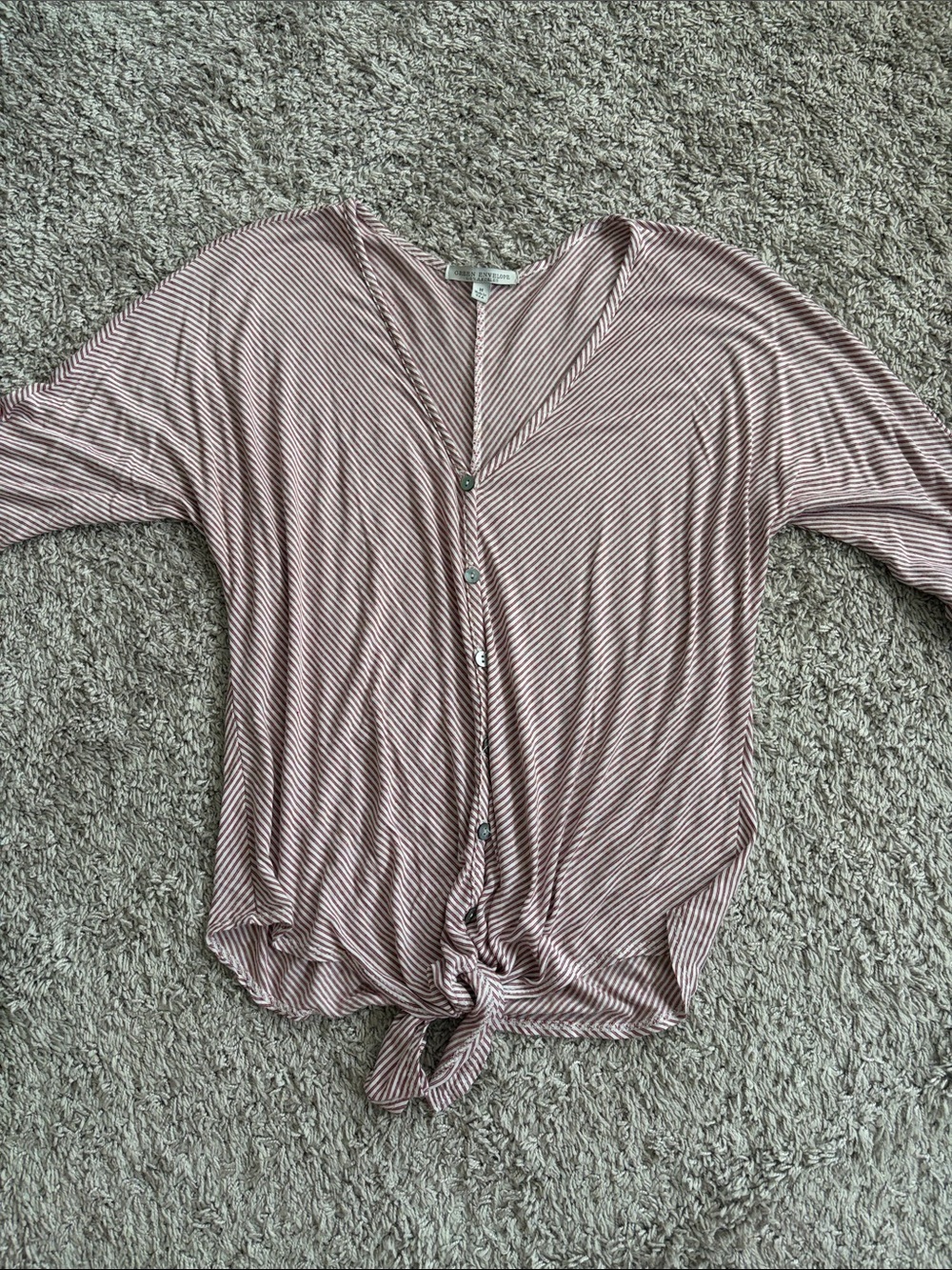 Striped V-Neck Button Front Tie Top - Dusty Rose, dark pink/red.